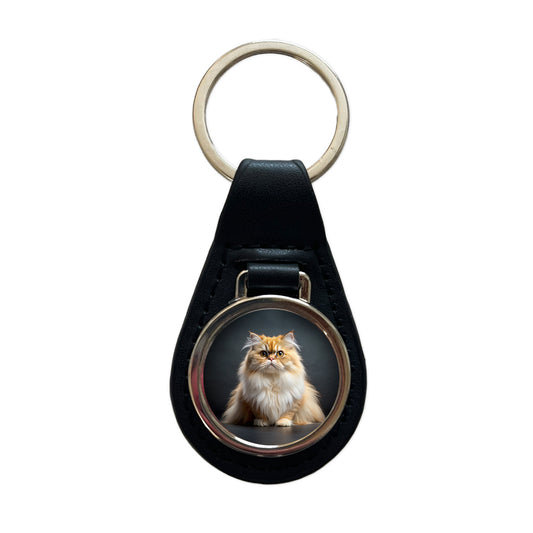 Classic Persian Cat Photo Black Leather Metal Keychain