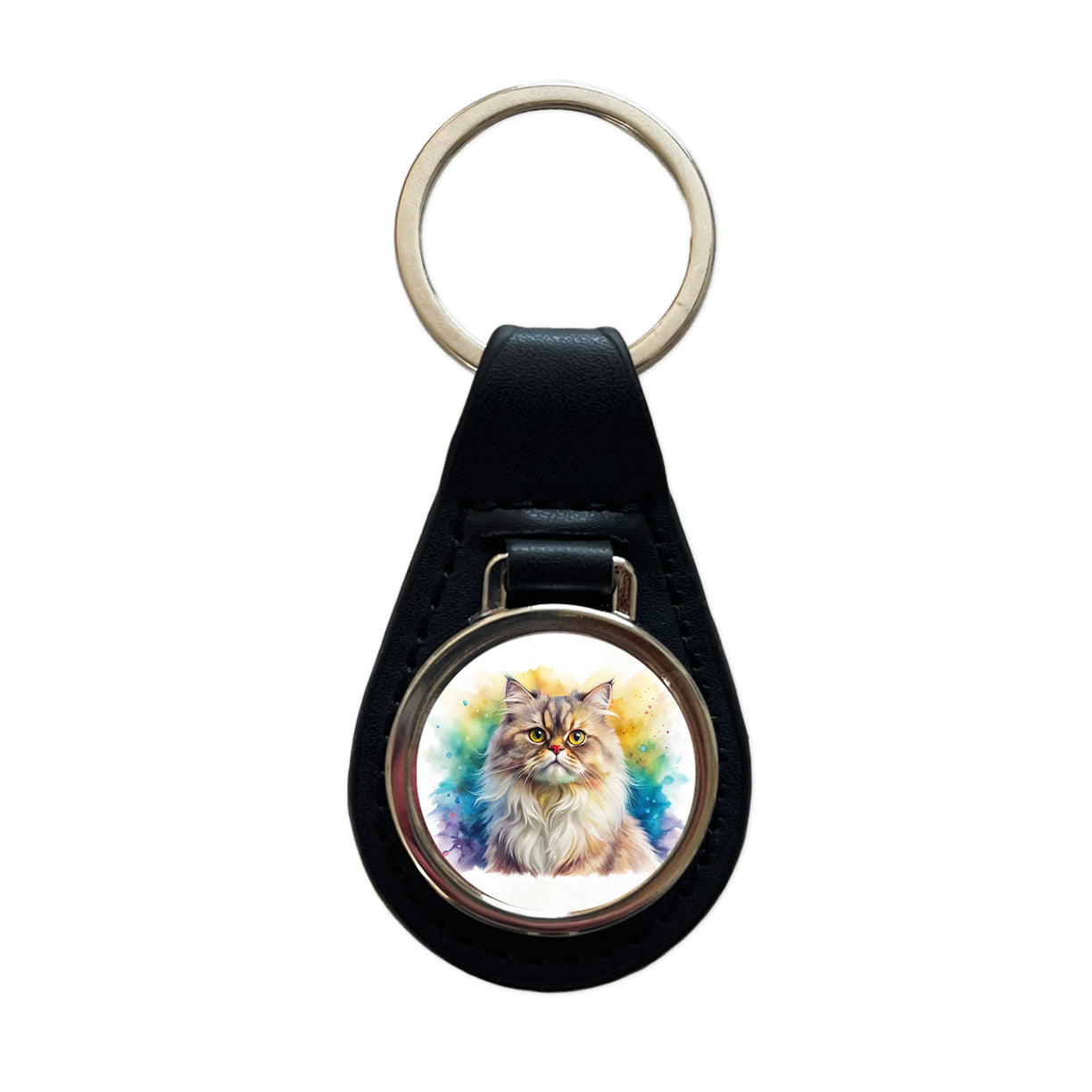 Classic Persian Cat Watercolor Style Black Leather Metal Keychain