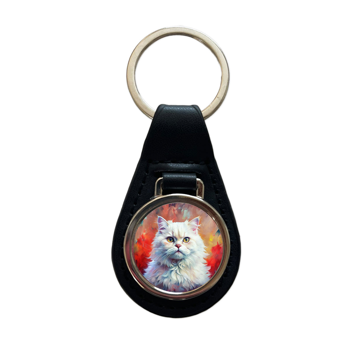Classic Persian White Cat Abstract Art Black Leather Metal Keychain