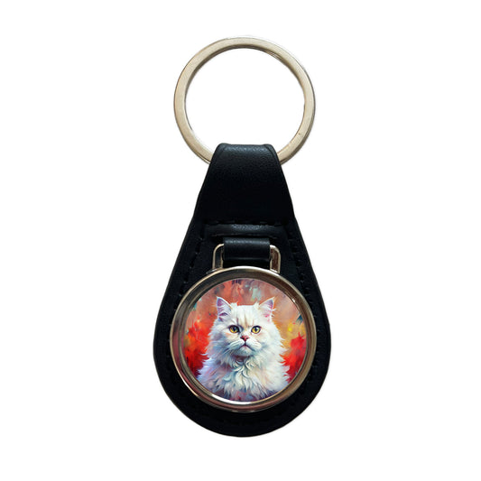 Classic Persian White Cat Abstract Art Black Leather Metal Keychain