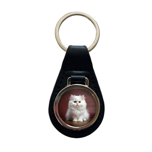 Classic Persian White Cat Kitten Photo Black Leather Metal Keychain