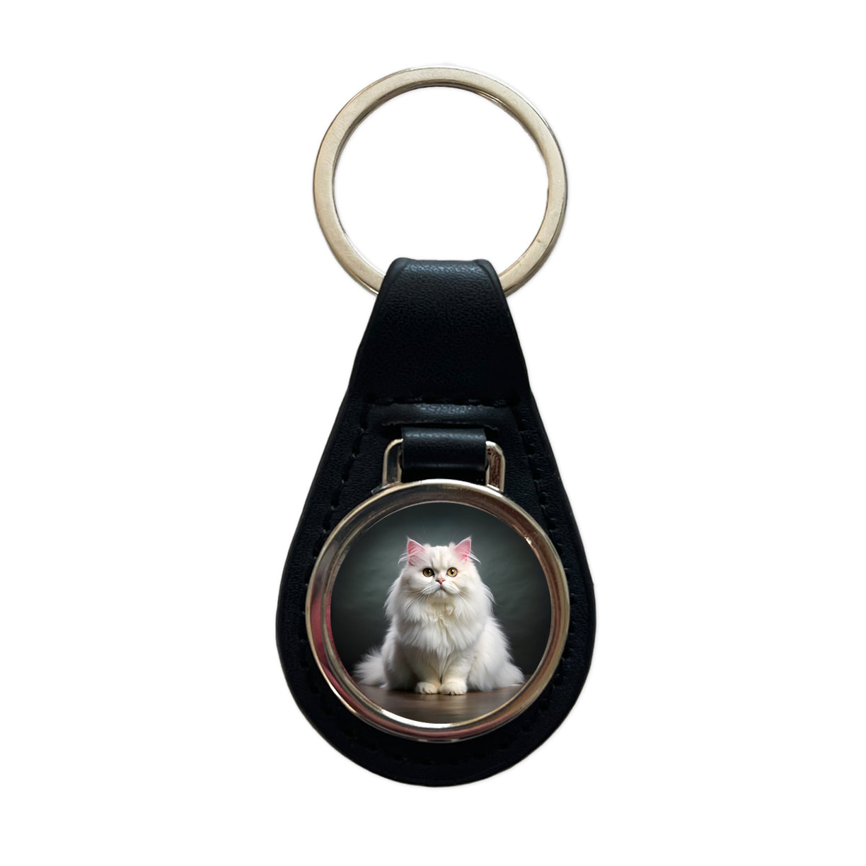 Classic Persian White Cat Photo Black Leather Metal Keychain