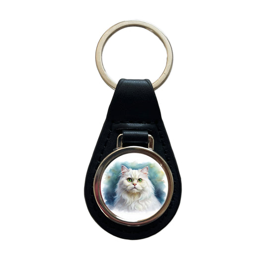 Classic Persian White Cat Watercolor Style Black Leather Metal Keychain