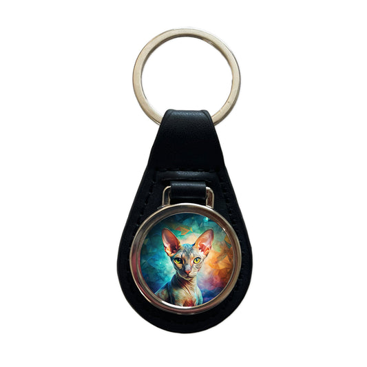 Cornish Rex Cat Abstract Art Black Leather Metal Keychain