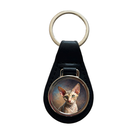 Cornish Rex Cat Illustration Black Leather Metal Keychain