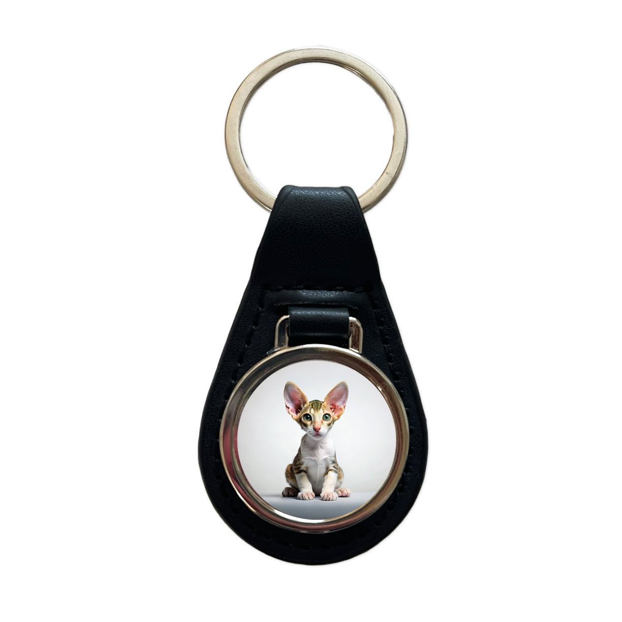 Cornish Rex Cat Kitten Photo Black Leather Metal Keychain