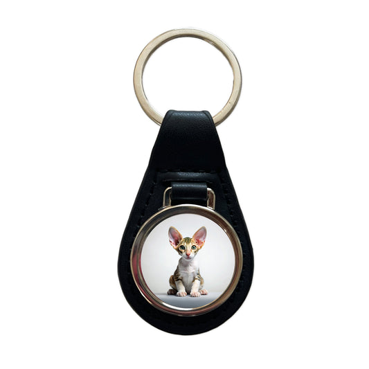 Cornish Rex Cat Kitten Photo Black Leather Metal Keychain