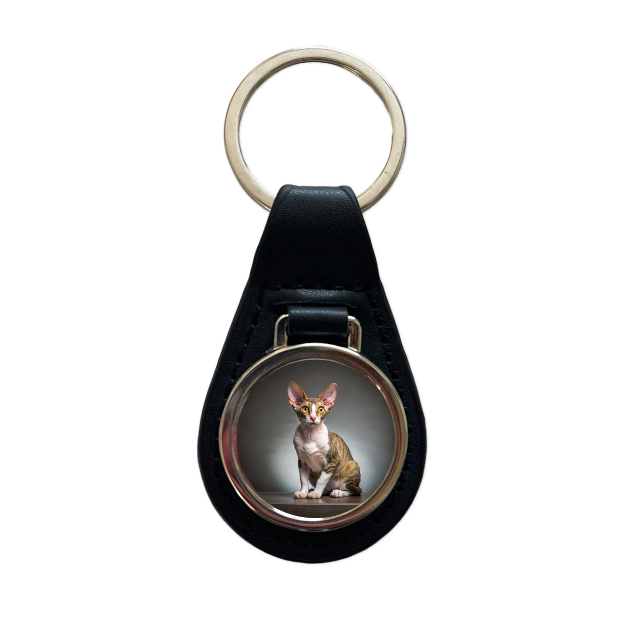Cornish Rex Cat Photo Black Leather Metal Keychain