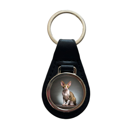 Cornish Rex Cat Photo Black Leather Metal Keychain