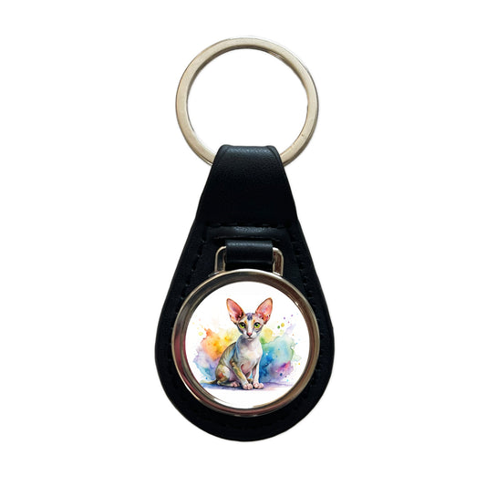 Cornish Rex Cat Watercolor Style Black Leather Metal Keychain