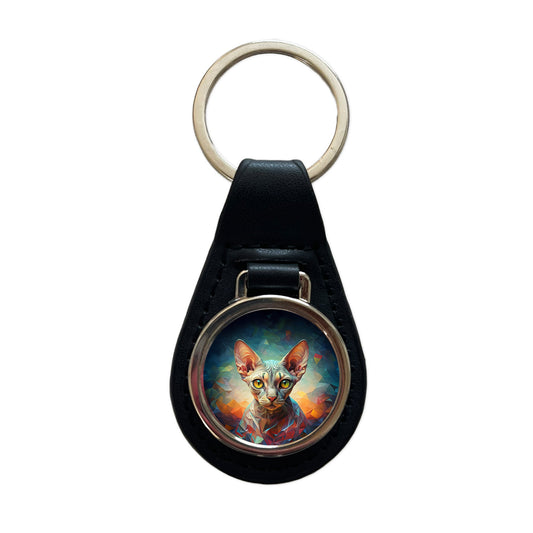 Devon Rex Cat Abstract Art Black Leather Metal Keychain