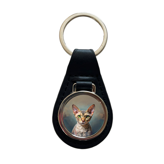 Devon Rex Cat Illustration Black Leather Metal Keychain