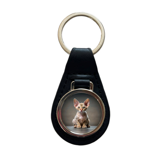 Devon Rex Cat Kitten Photo Black Leather Metal Keychain