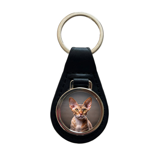 Devon Rex Cat Photo Black Leather Metal Keychain