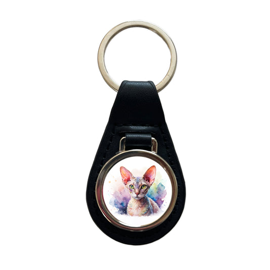 Devon Rex Cat Watercolor Style Black Leather Metal Keychain