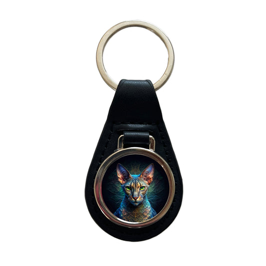 Egyptian Mau Cat Abstract Art Black Leather Metal Keychain