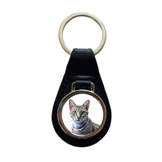 Egyptian Mau Cat Illustration Black Leather Metal Keychain