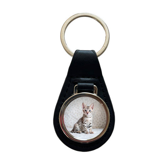 Egyptian Mau Cat Kitten Photo Black Leather Metal Keychain