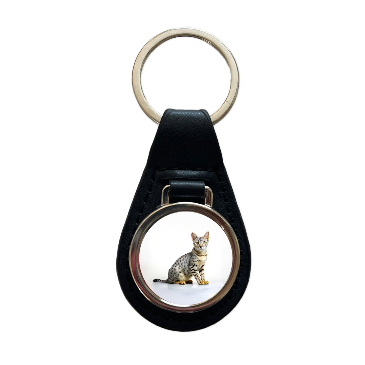 Egyptian Mau Cat Photo Black Leather Metal Keychain