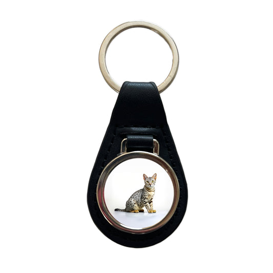 Egyptian Mau Cat Photo Black Leather Metal Keychain