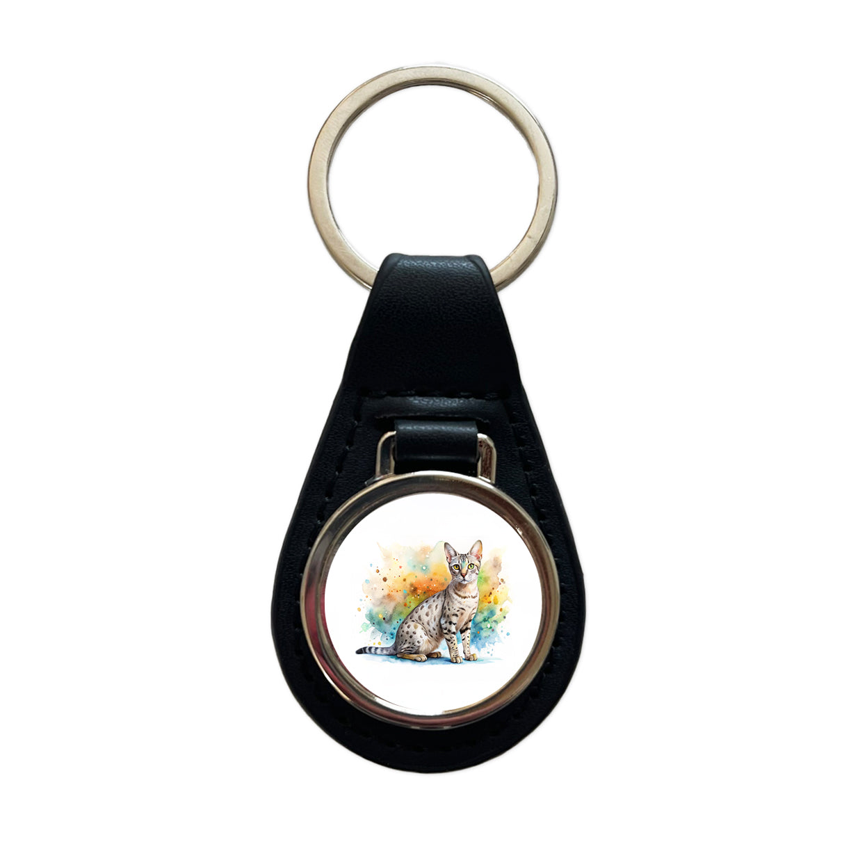 Egyptian Mau Cat Watercolor Style Black Leather Metal Keychain
