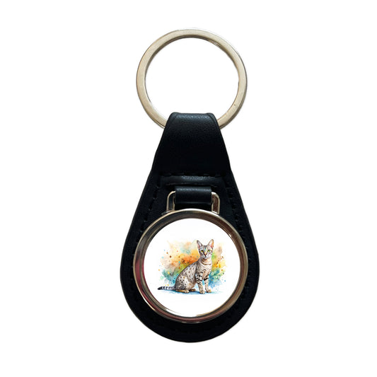 Egyptian Mau Cat Watercolor Style Black Leather Metal Keychain