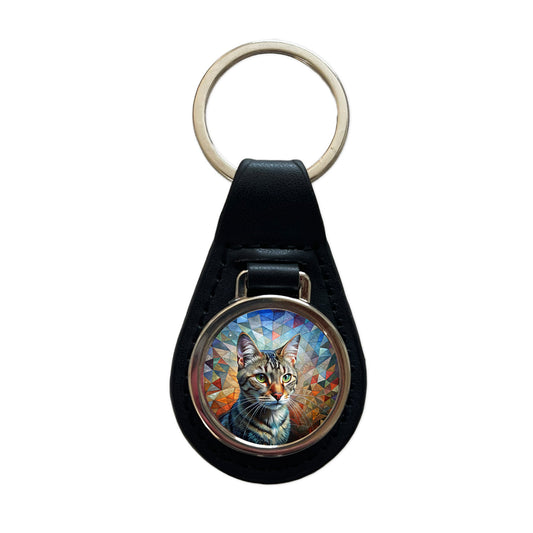 European Shorthair Cat Abstract Art Black Leather Metal Keychain
