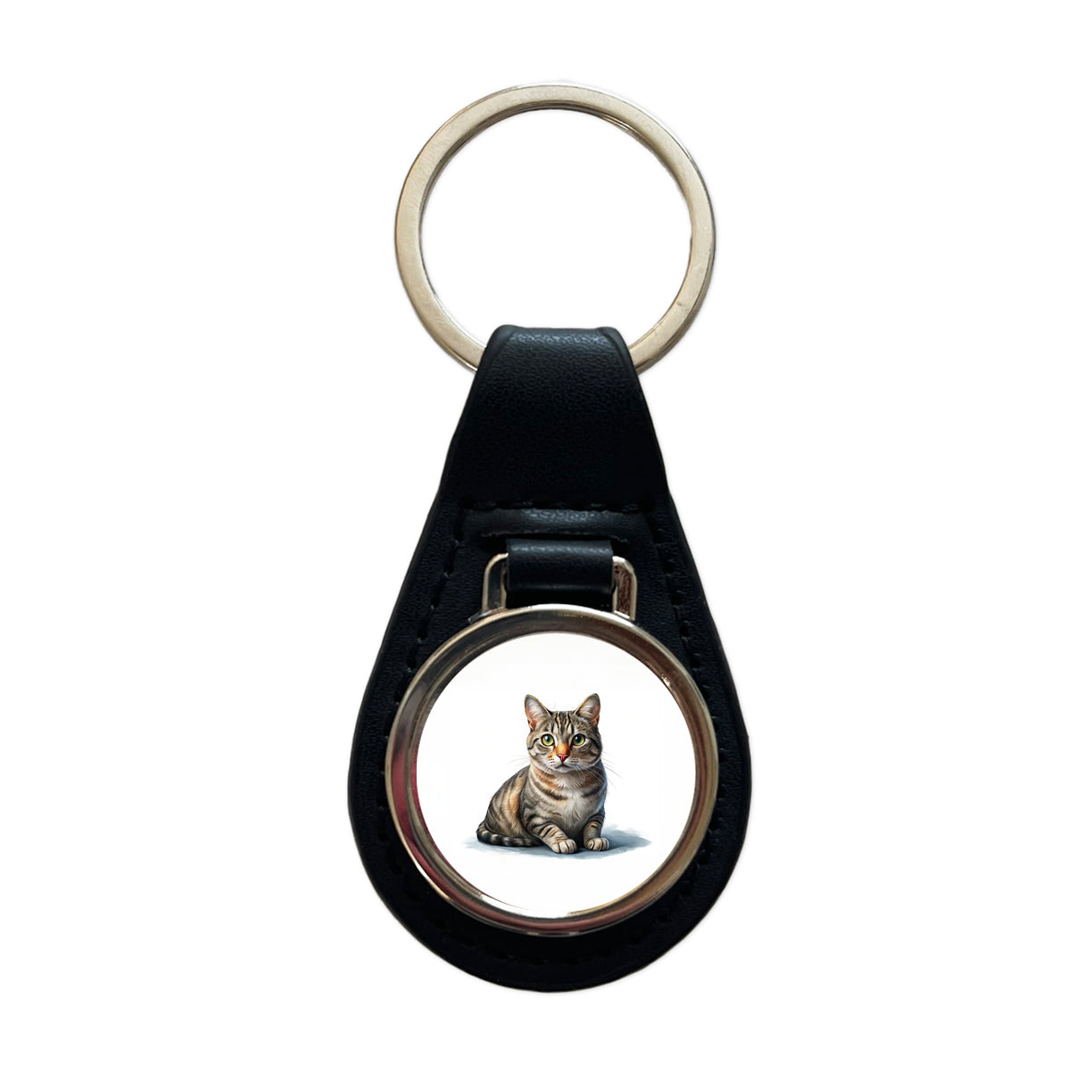 European Shorthair Cat Illustration Black Leather Metal Keychain
