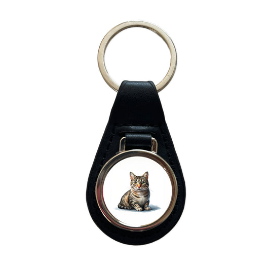 European Shorthair Cat Illustration Black Leather Metal Keychain