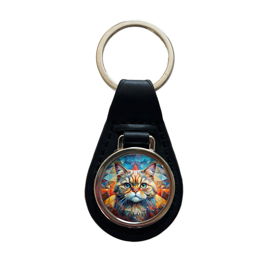Exotic Shorthair Cat Abstract Art Black Leather Metal Keychain
