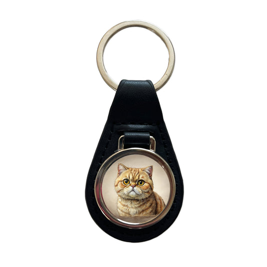 Exotic Shorthair Cat Illustration Black Leather Metal Keychain