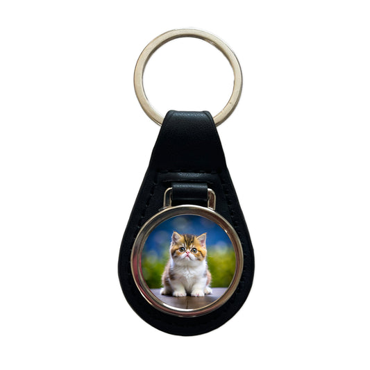 Exotic Shorthair Cat Kitten Photo Black Leather Metal Keychain