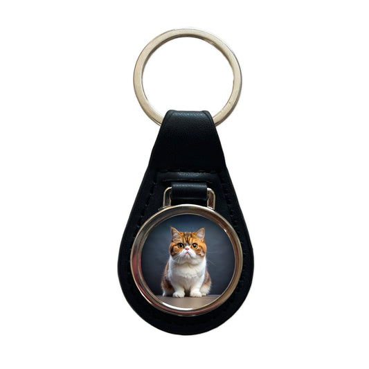 Exotic Shorthair Cat Photo Black Leather Metal Keychain
