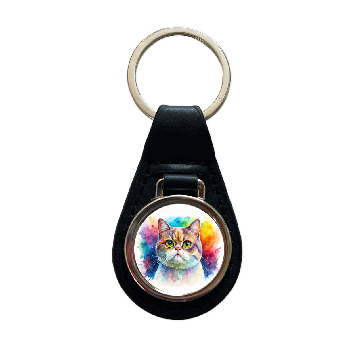 Exotic Shorthair Cat Watercolor Style Black Leather Metal Keychain