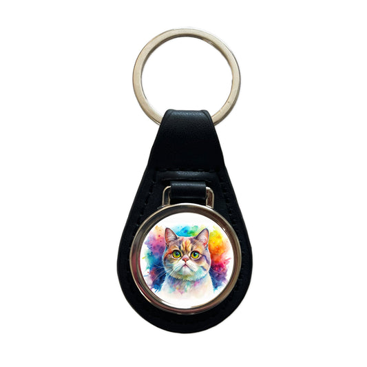 Exotic Shorthair Cat Watercolor Style Black Leather Metal Keychain