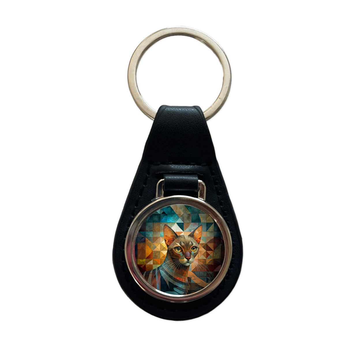 Havana Brown Cat Abstract Art Black Leather Metal Keychain
