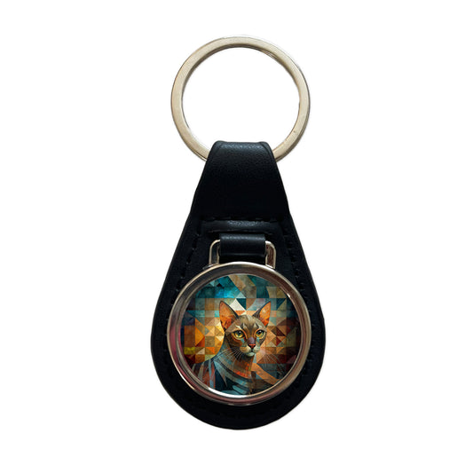Havana Brown Cat Abstract Art Black Leather Metal Keychain