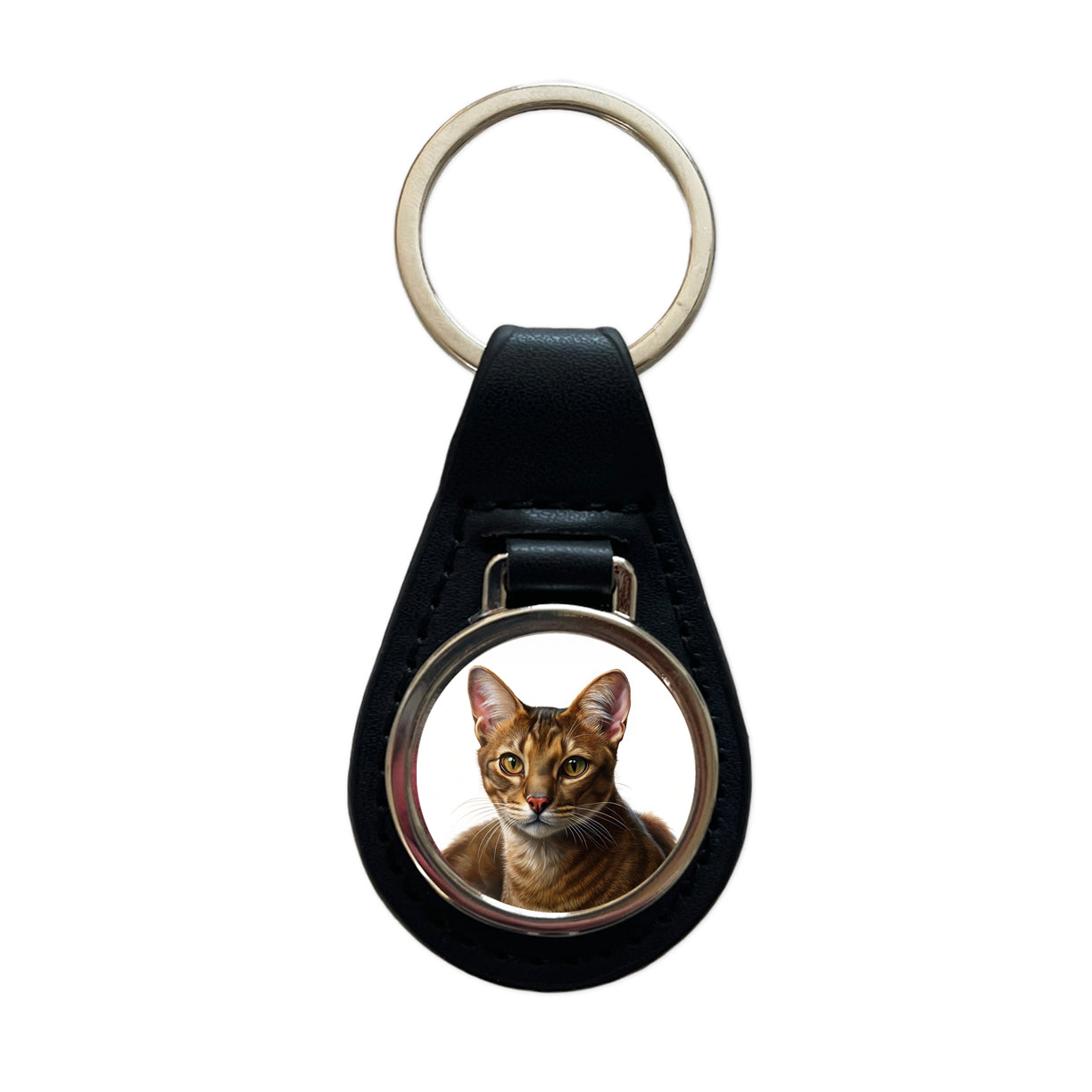 Havana Brown Cat Illustration Black Leather Metal Keychain