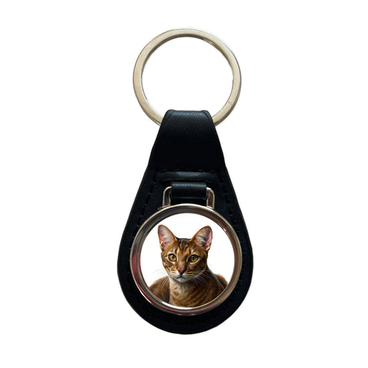 Havana Brown Cat Illustration Black Leather Metal Keychain