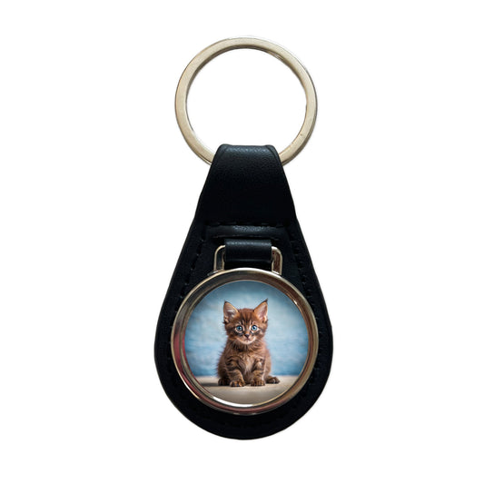 Havana Brown Cat Kitten Photo Black Leather Metal Keychain