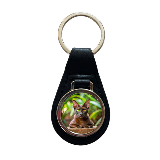 Havana Brown Cat Photo Black Leather Metal Keychain