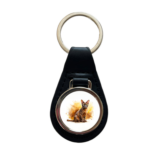 Havana Brown Cat Watercolor Style Black Leather Metal Keychain