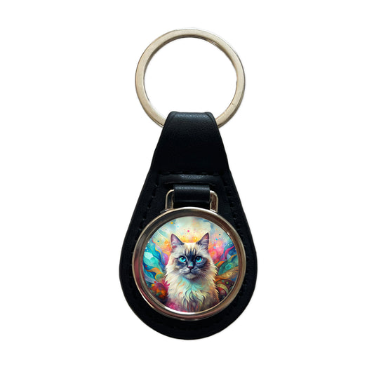 Himalayan Cat Abstract Art Black Leather Metal Keychain