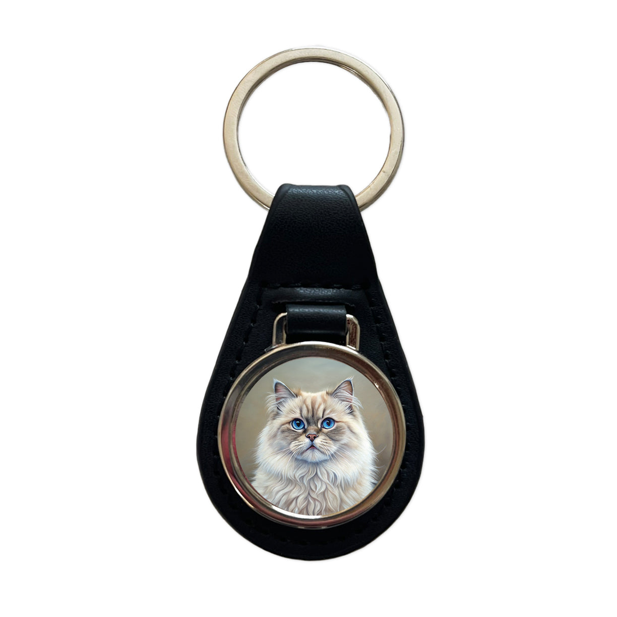 Himalayan Cat Illustration Black Leather Metal Keychain