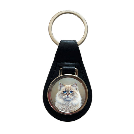 Himalayan Cat Illustration Black Leather Metal Keychain