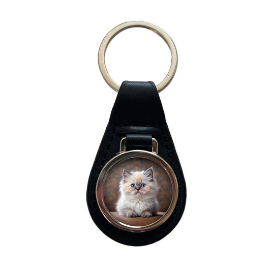 Himalayan Cat Kitten Photo Black Leather Metal Keychain