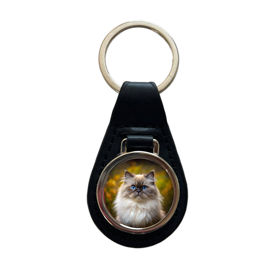 Himalayan Cat Photo Black Leather Metal Keychain
