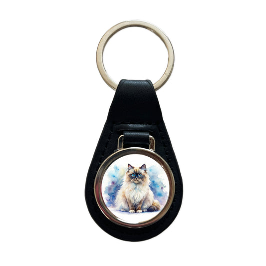 Himalayan Cat Watercolor Style Black Leather Metal Keychain