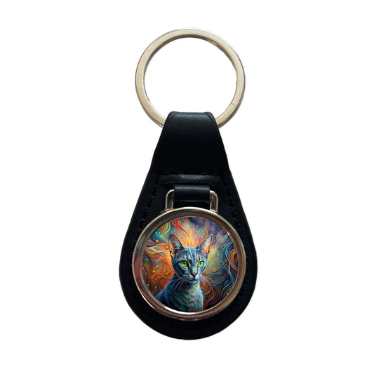 Korat Cat Abstract Art Black Leather Metal Keychain