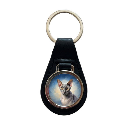Korat Cat Illustration Black Leather Metal Keychain